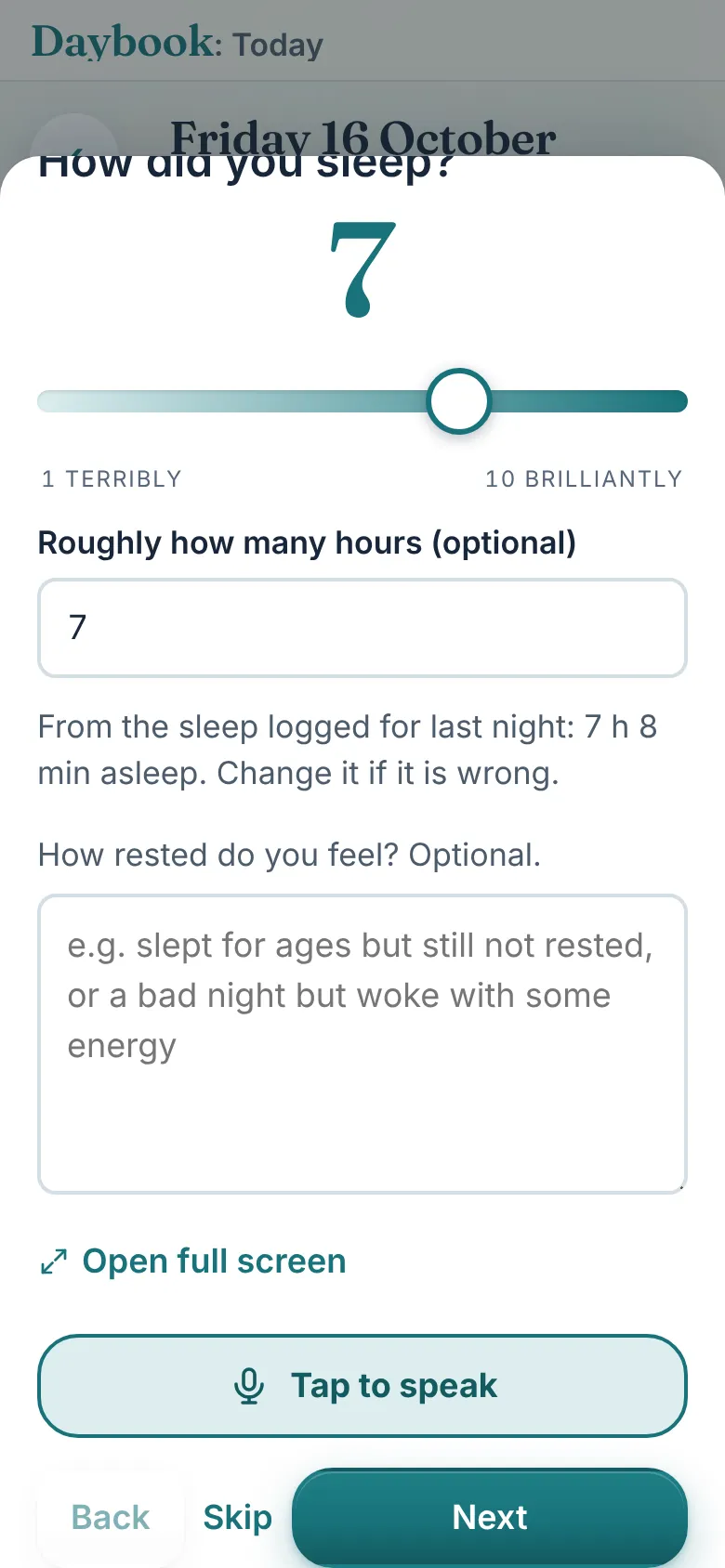 The morning check-in: one question on the screen, a slider from 1 to 10, and Back, Skip and Next underneath.
