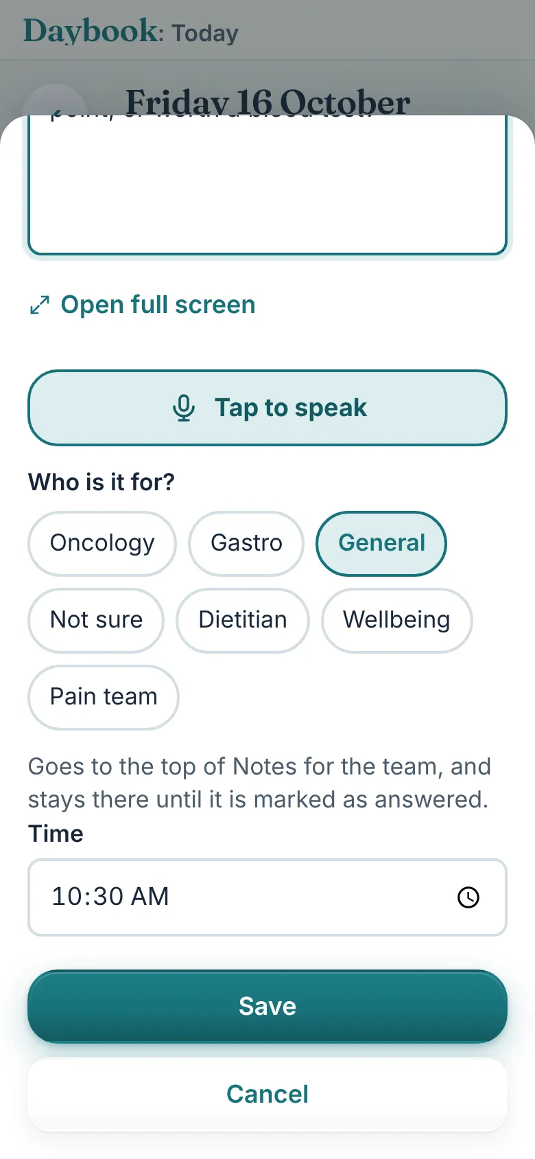 A question for the team being typed, with chips for who it is for: Oncology, Gastro, General, Not sure, Dietitian, Pain team.